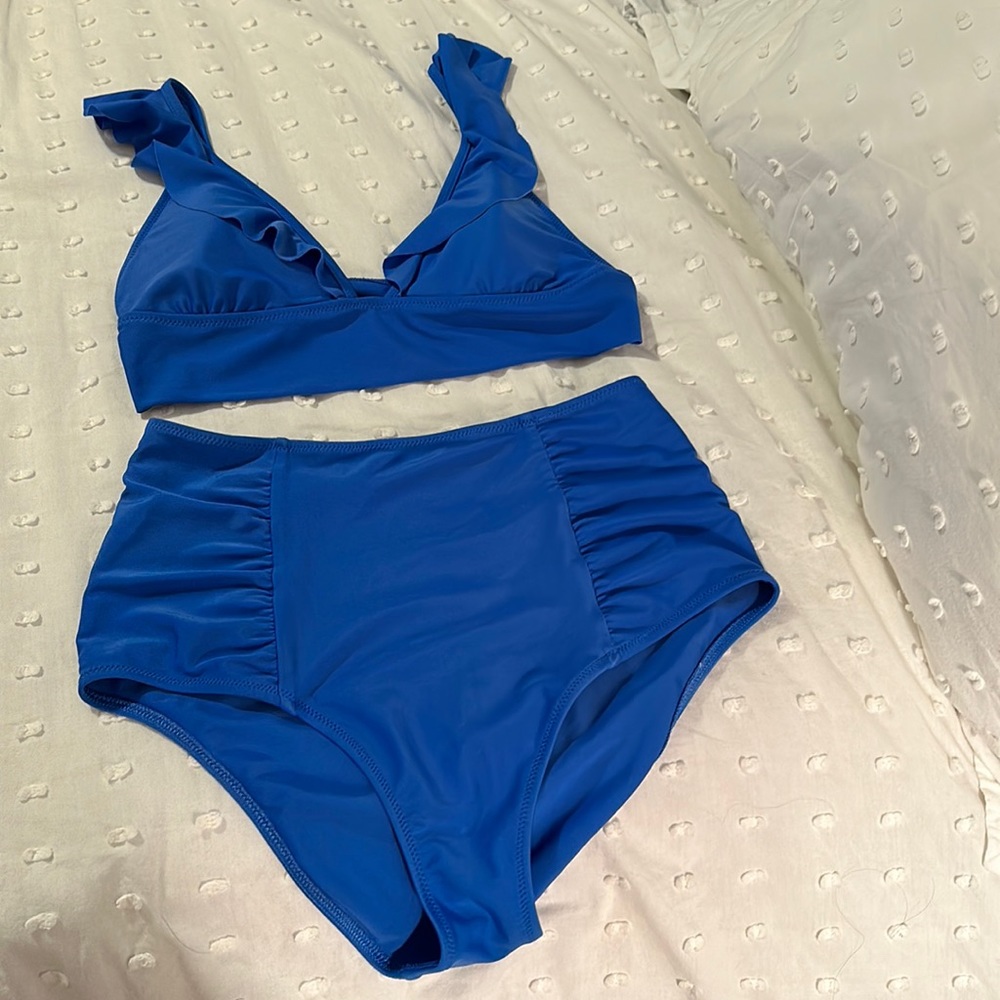 Aerie Bikini- Blue Long Line / High Waist Ruffle Ruched - Picture 4 of 8